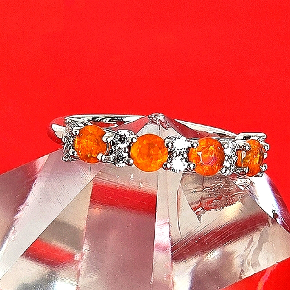 925 Sterling Silver Ring with Natural Orange Opal & CZ
